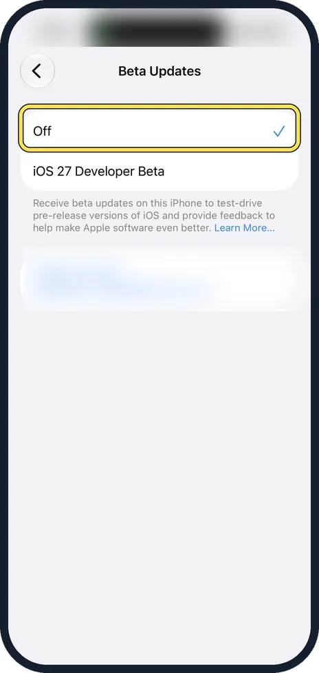 iPhone screen: Tap Beta Updates and choose Off