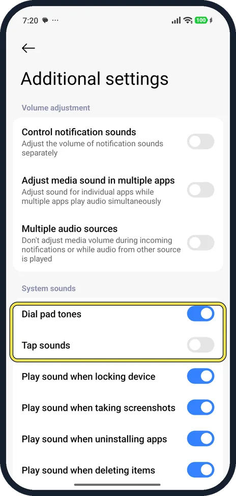 Android screenshot: Turn off system sounds