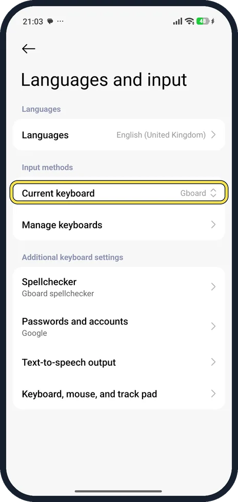 Android screenshot: Find your keyboard