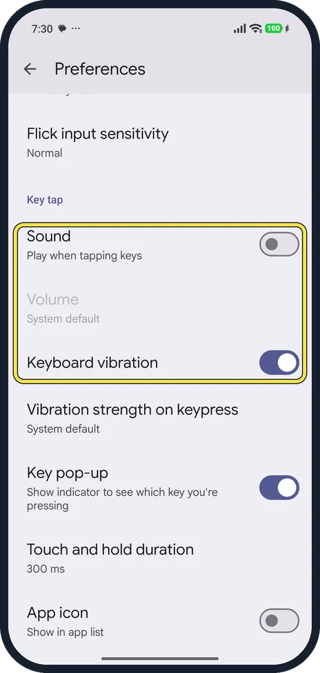 Android screenshot: Turn off Gboard key sound and vibration