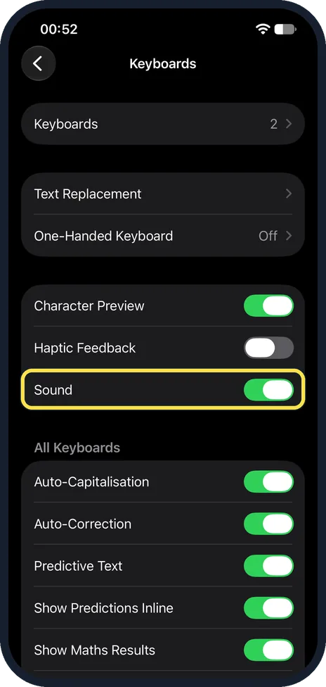 iPhone screen: Tap Keyboard and find Sound