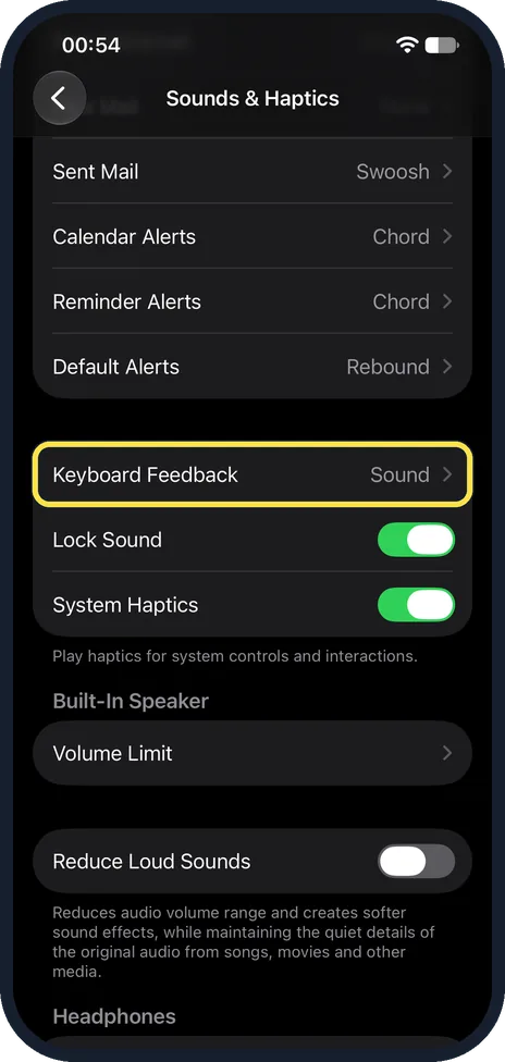 iPhone screen: Tap Keyboard Feedback