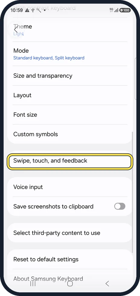 Android screenshot: Tap Swipe, touch, and feedback