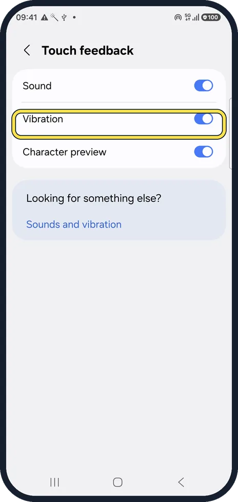Android screenshot: Switch off Vibration
