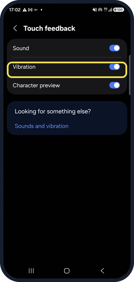 Android screenshot: Switch off Vibration