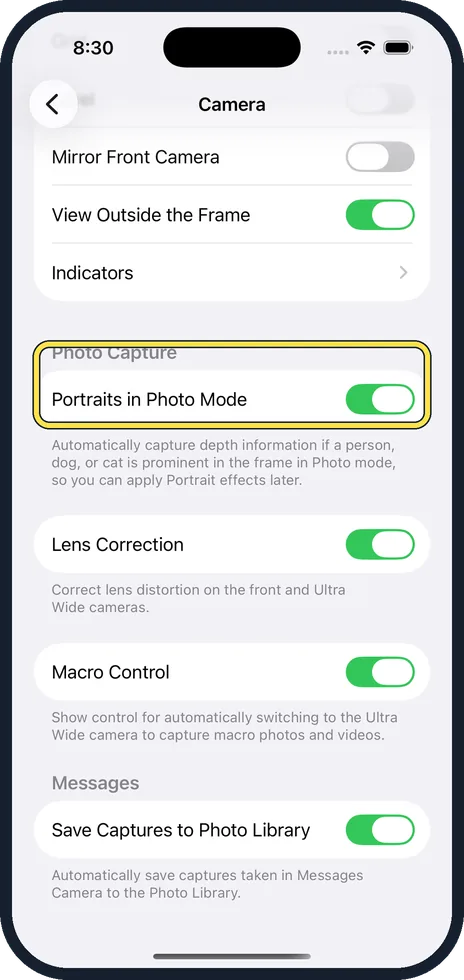 iPhone screen: Scroll down to Photo Capture