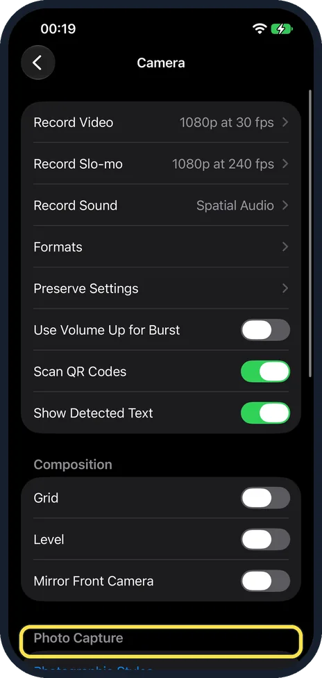 iPhone screen: Scroll down to Photo Capture