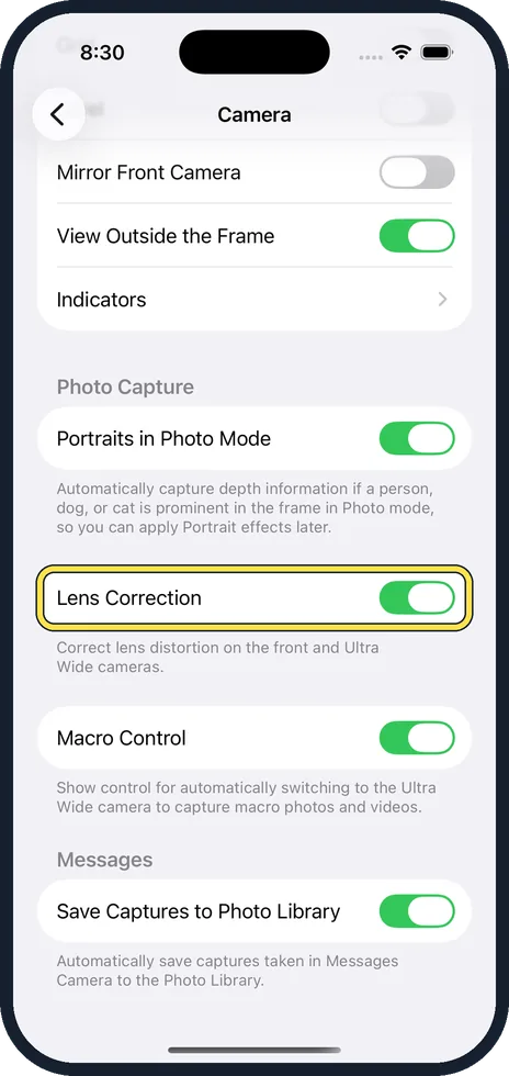 iPhone screen: Switch off Lens Correction
