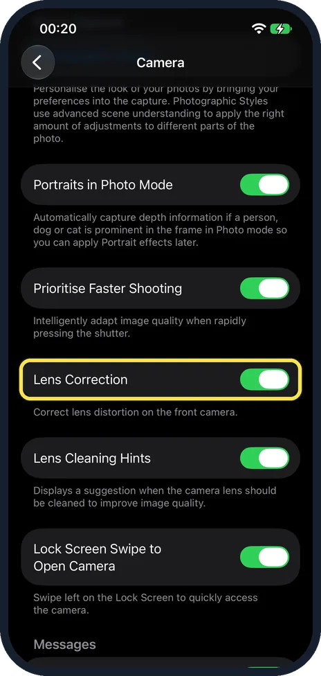 iPhone screen: Switch off Lens Correction