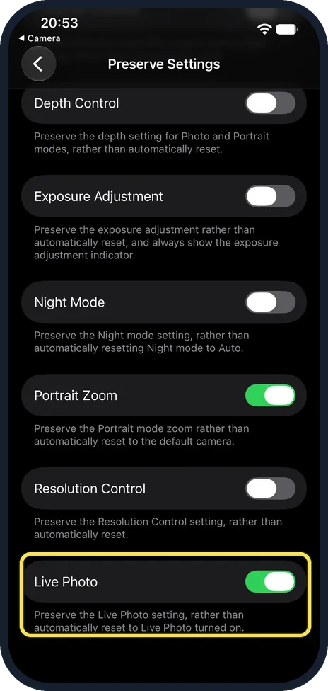 iPhone screen: Make it stay off: Settings, Camera, Preserve Settings, Live Photo