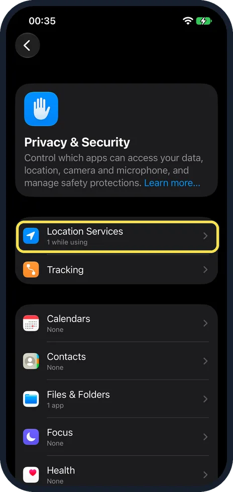 iPhone screen: Tap Location Services
