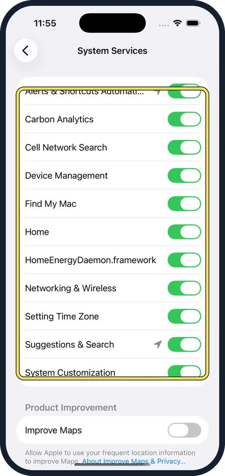 iPhone screen: Switch services off or on