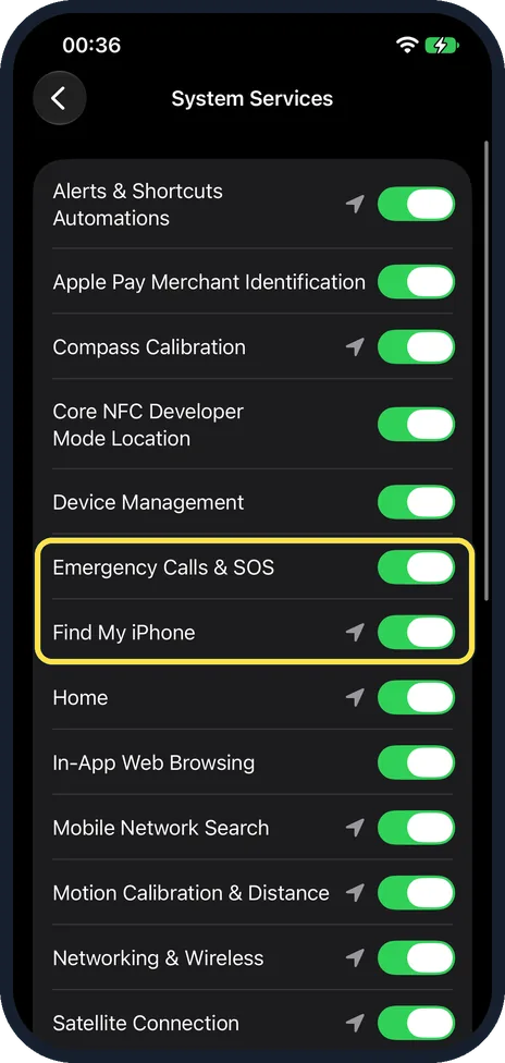 iPhone screen: Switch services off or on
