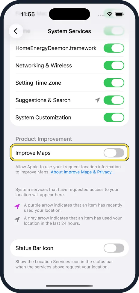 iPhone screen: Decide about Improve Maps