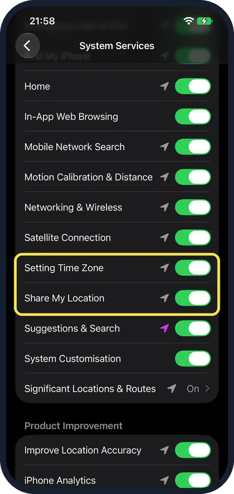 iPhone screen: Keep Setting Time Zone on if you use Night Shift
