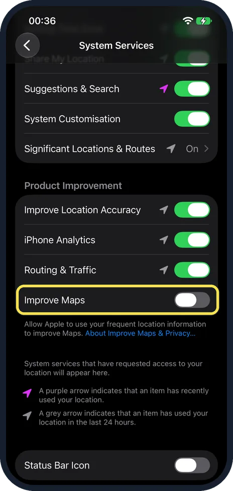 iPhone screen: Decide about Improve Maps