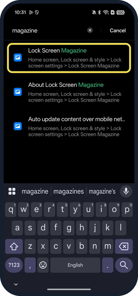 Android screenshot: Search Settings for magazine