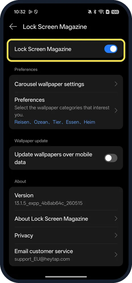 Android screenshot: Turn off Lock Screen Magazine