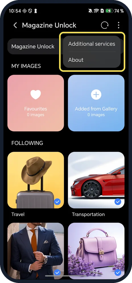 Android screenshot: Optional: tap the three dots, Additional services