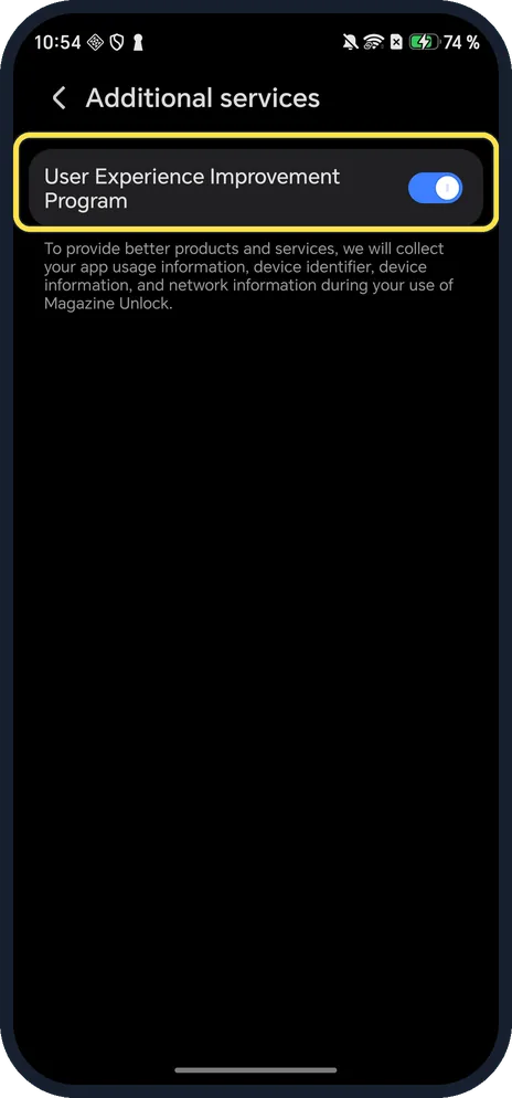 Android screenshot: Optional: check User Experience Improvement Program
