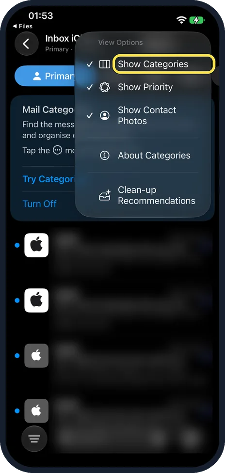 iPhone screen: Untick Show Categories