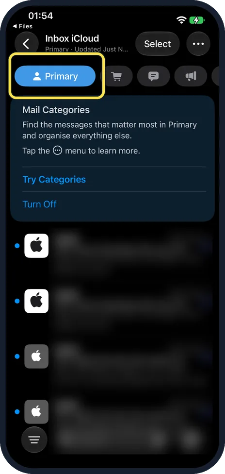 iPhone screen: Tick Show Categories again to bring the tabs back