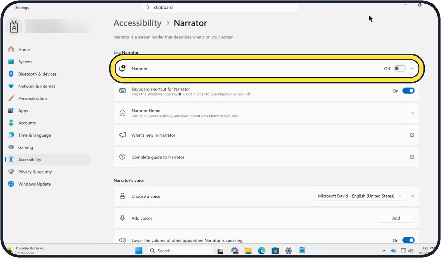 Screenshot from the guide: How to turn off Narrator on Windows 11