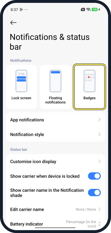 Android screenshot: Tap Badges