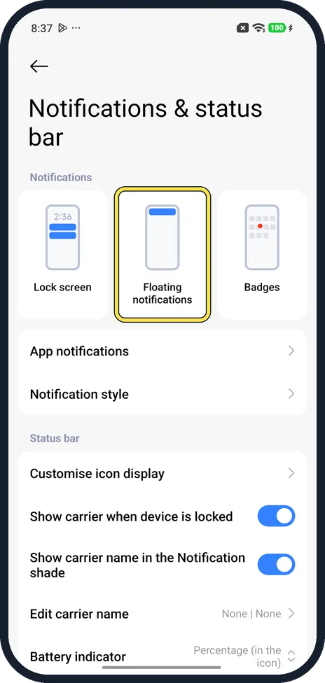 Android screenshot: Tap Floating notifications