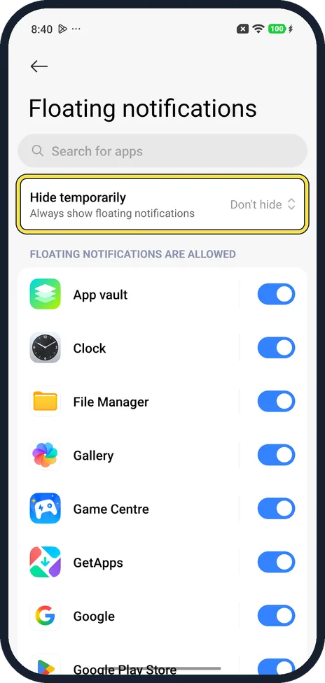 Android screenshot: Or hide them for a while