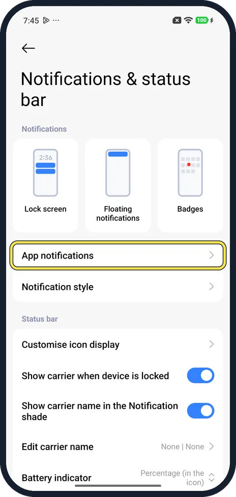 Screenshot from the guide: How to turn off notifications for an app on a Xiaomi phone (HyperOS 3)