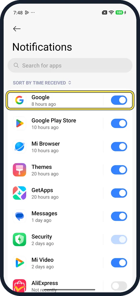 Android screenshot: Turn off its switch
