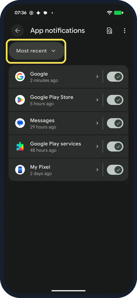 Android screenshot: Open App notifications