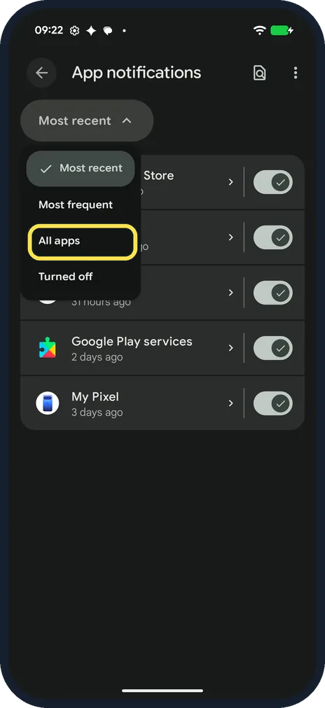 Android screenshot: Pick All apps