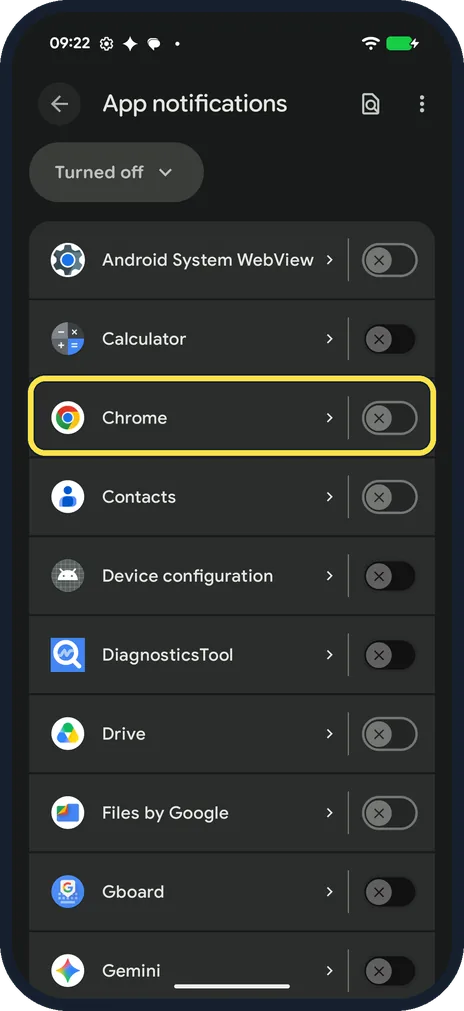 Android screenshot: Check the Turned off list