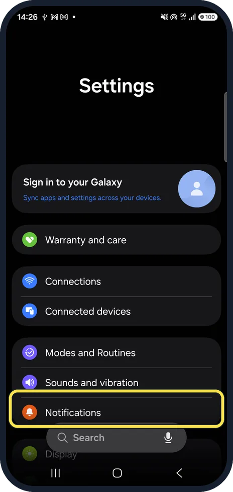 Screenshot from the guide: How to turn off notifications for one app on a Samsung Galaxy (One UI 9)