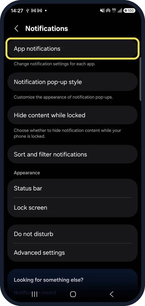 Android screenshot: Tap App notifications