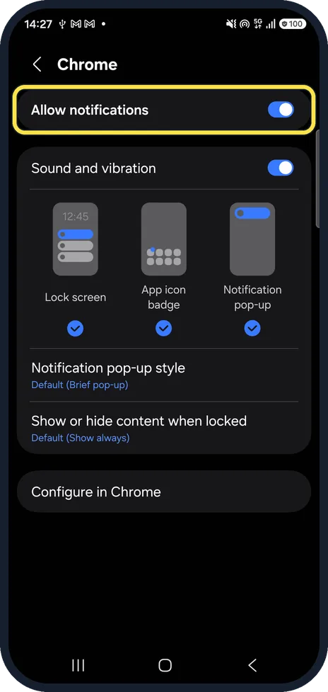 Android screenshot: Turn off Allow notifications