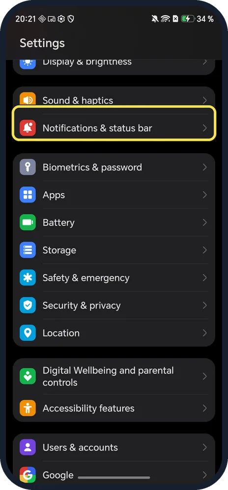 Android screenshot: Open Notifications & status bar