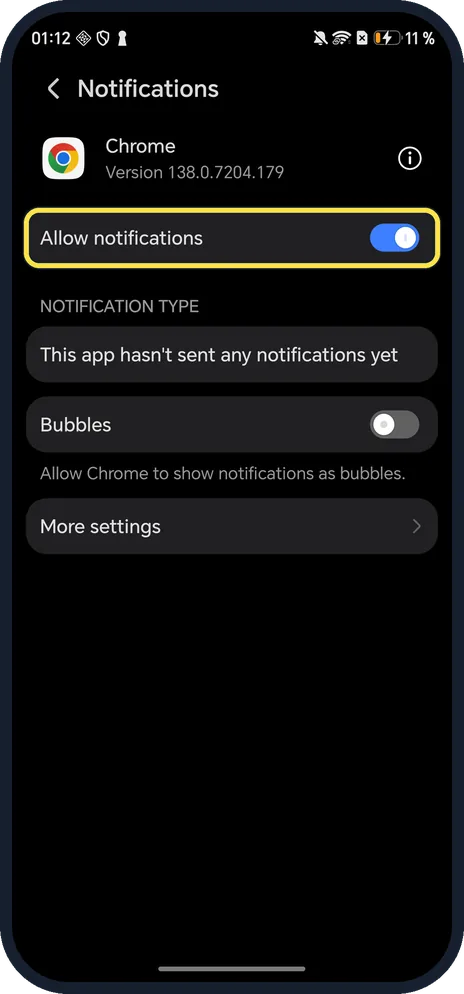 Android screenshot: Turn off Allow notifications