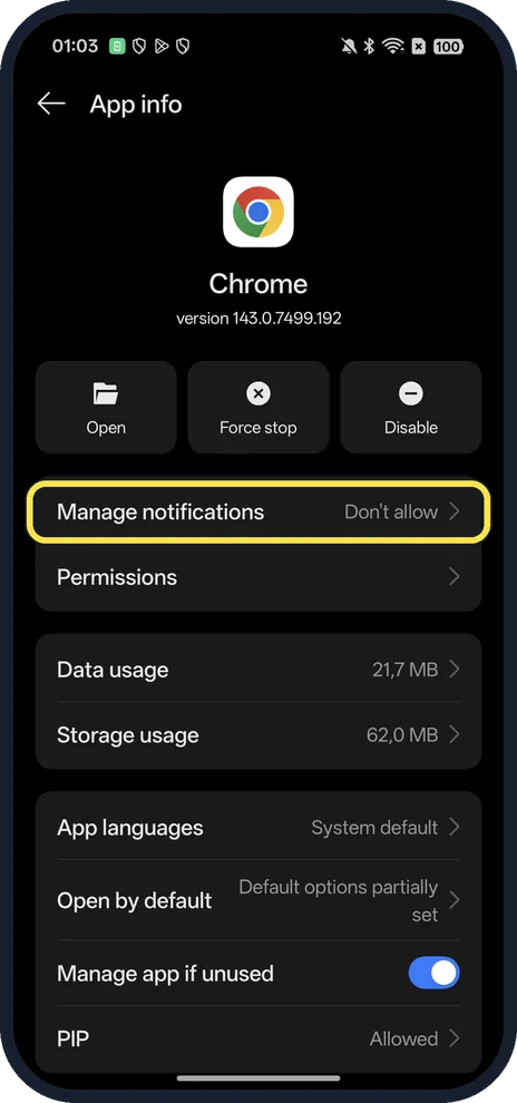 Android screenshot: Tap Manage notifications