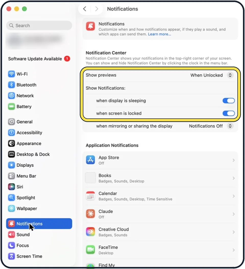 Mac screenshot: Hide notifications on the Lock Screen