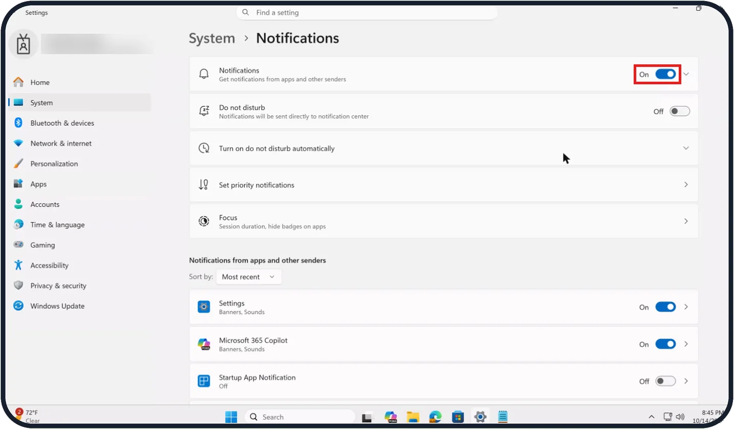 Windows screenshot: Stop all notifications