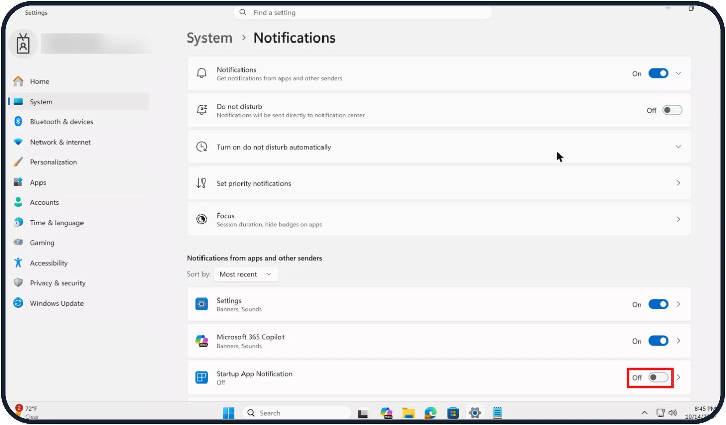 Windows screenshot: Or switch off single apps