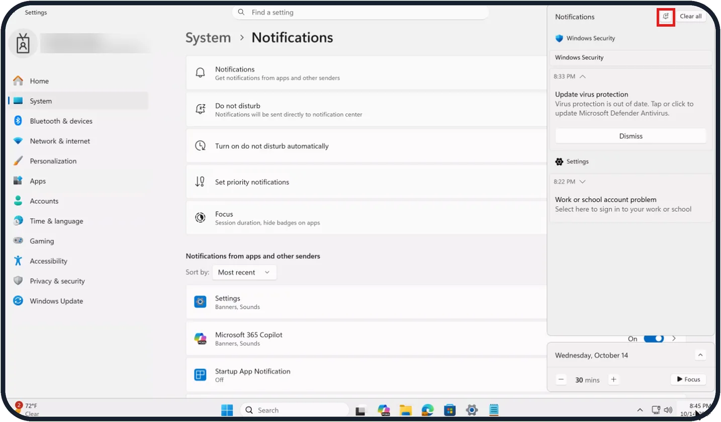 Windows screenshot: Use Do not disturb for quiet time