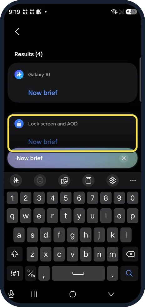 Android screenshot: Tap Now brief under Lock screen and AOD