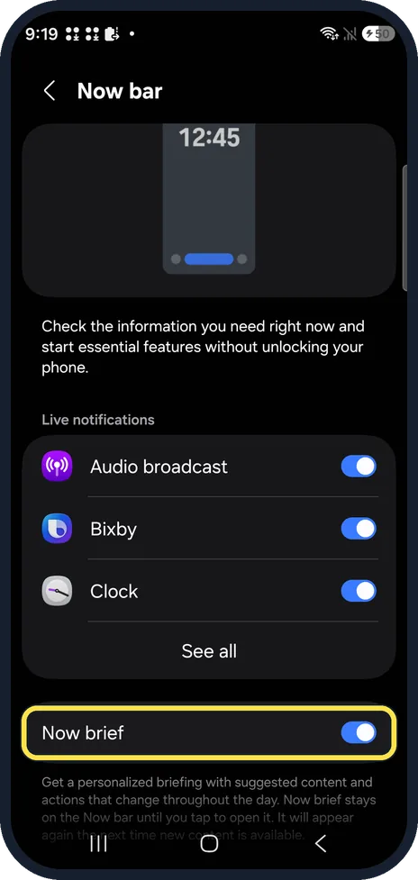 Android screenshot: Scroll to Now brief on the Now bar page