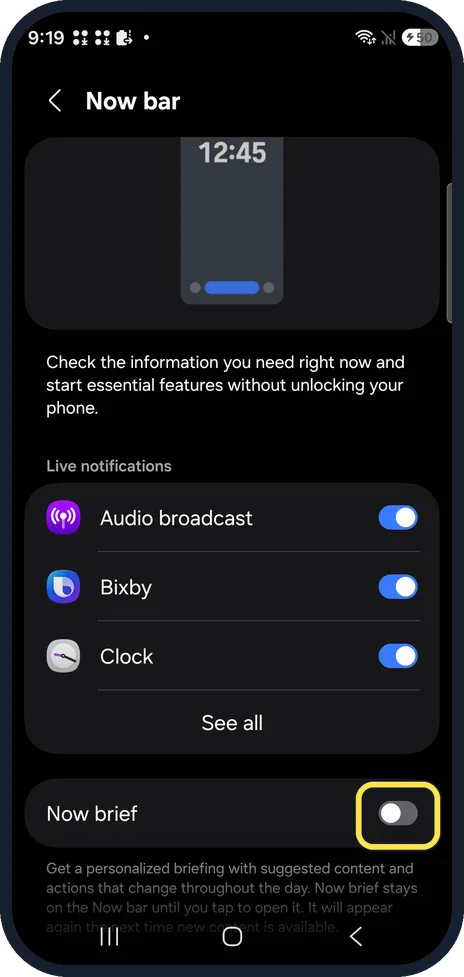 Android screenshot: Turn off Now brief