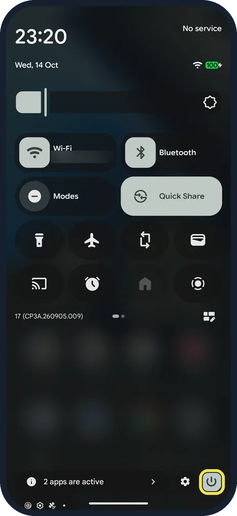 Android screenshot: Open Quick Settings and tap the power icon