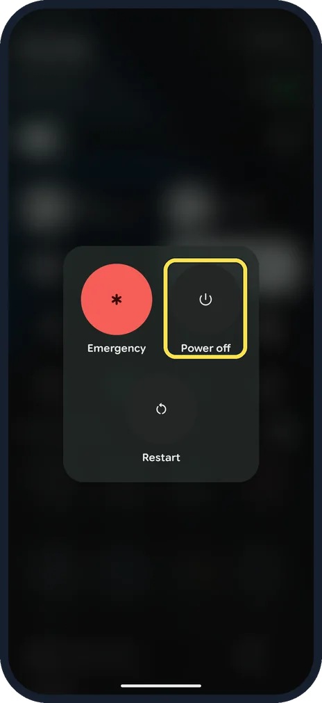 Android screenshot: Tap Power off or Restart